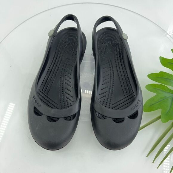 CROCS Women's Jayna Slingback Flats Size 8 Black Rubber Slip On Beach Shoe Comfy - Picture 1 of 10
